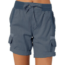 (Dark Blue, XL) Womens High Waist Cargo Shorts Ladies Casual Loose Cotton Linen Solid Hot Pants