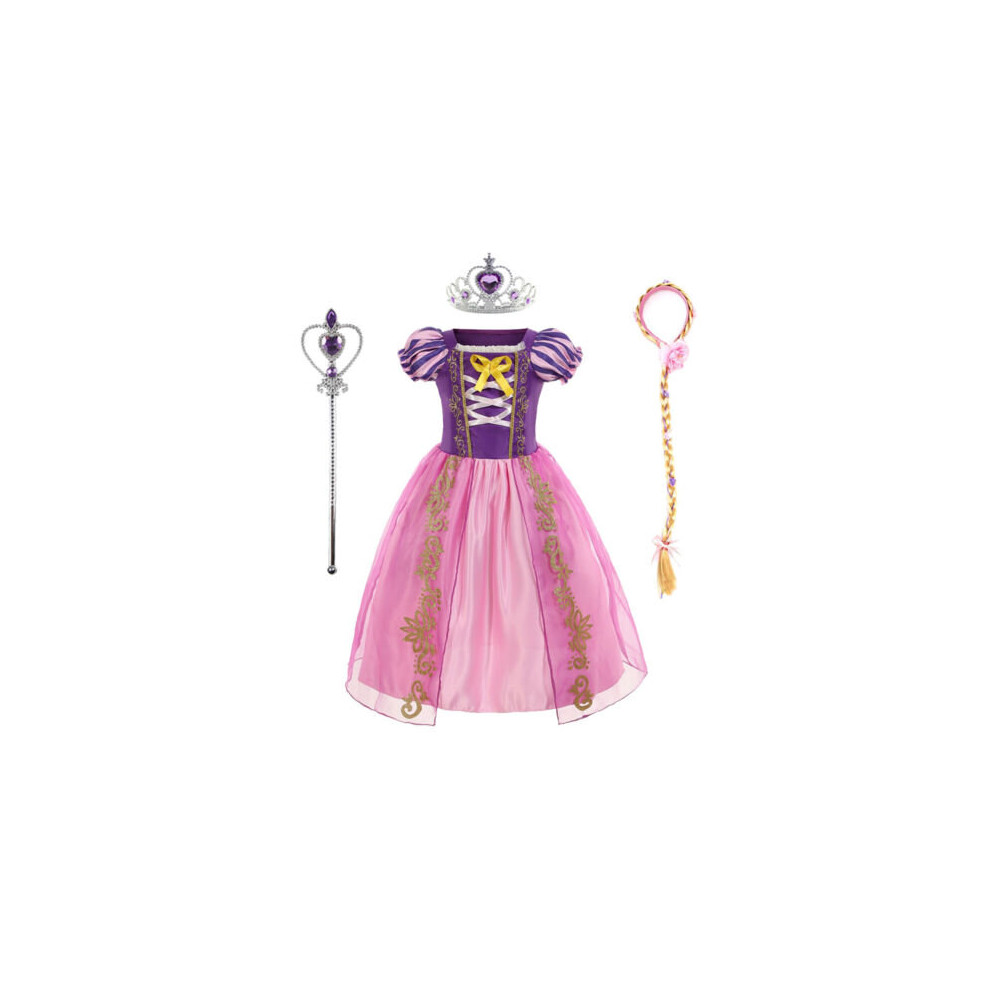 (6-7 Years, Dress+ Accessories Set) Girl Rapunzel Fancy Dress Up Princess Costume Party Prom Birthday Outfit Clothes