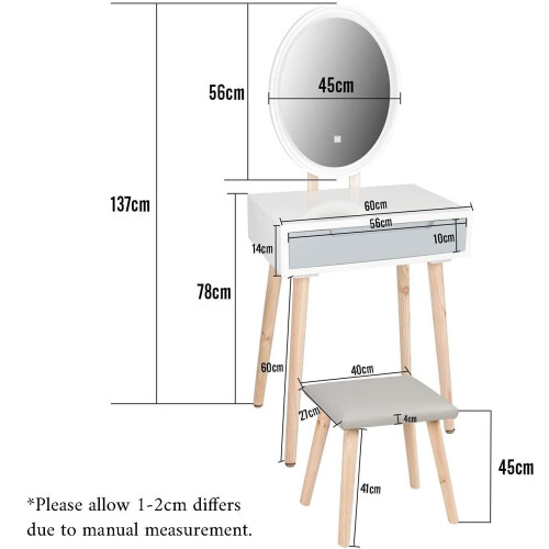ELECWISH Dressing Table Vanity Set Make up Desk Oval LED Light Mirror w/ Stool 2