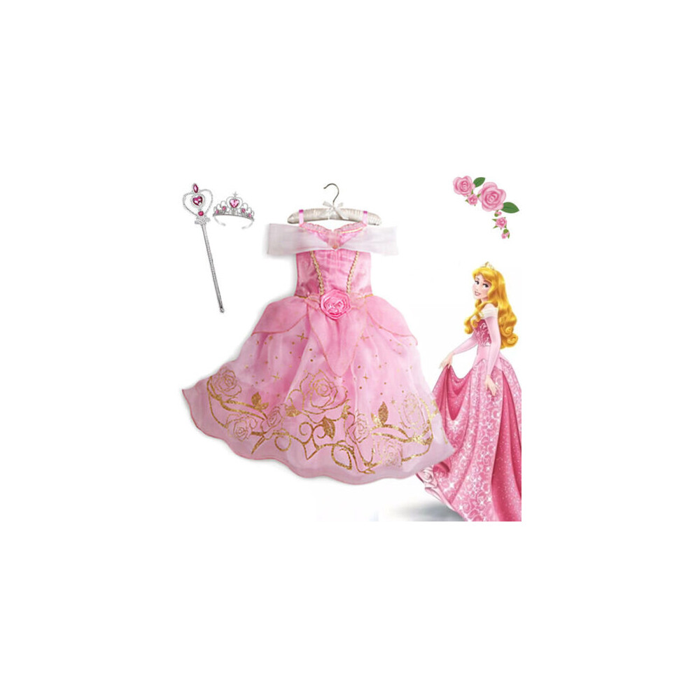 (6-7, Aurora Dress+Crown+ Wand) Girls Kids Princess Aurora Sleeping Beauty Fancy Dress Up Birthday Party Costume