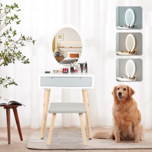 Dressing Table Vanity Set Make up Desk Oval LED Light Mirror w/ Stool