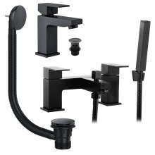 Matt Black Square Basin & Bath Shower Mixer Tap Set & Bath Waste