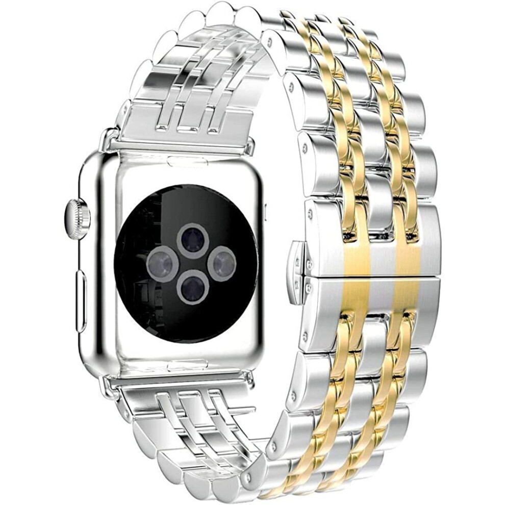 (Gold, 44mm / 42mm) TECHGEAR Watch Band for Apple Watch Series 8 7 6 5 4 3 2 1 SE Steel Link Bracelet Watch Strap Band with Butterfly Metal Clasp for-image-OPC-PBDVD5P-NEW