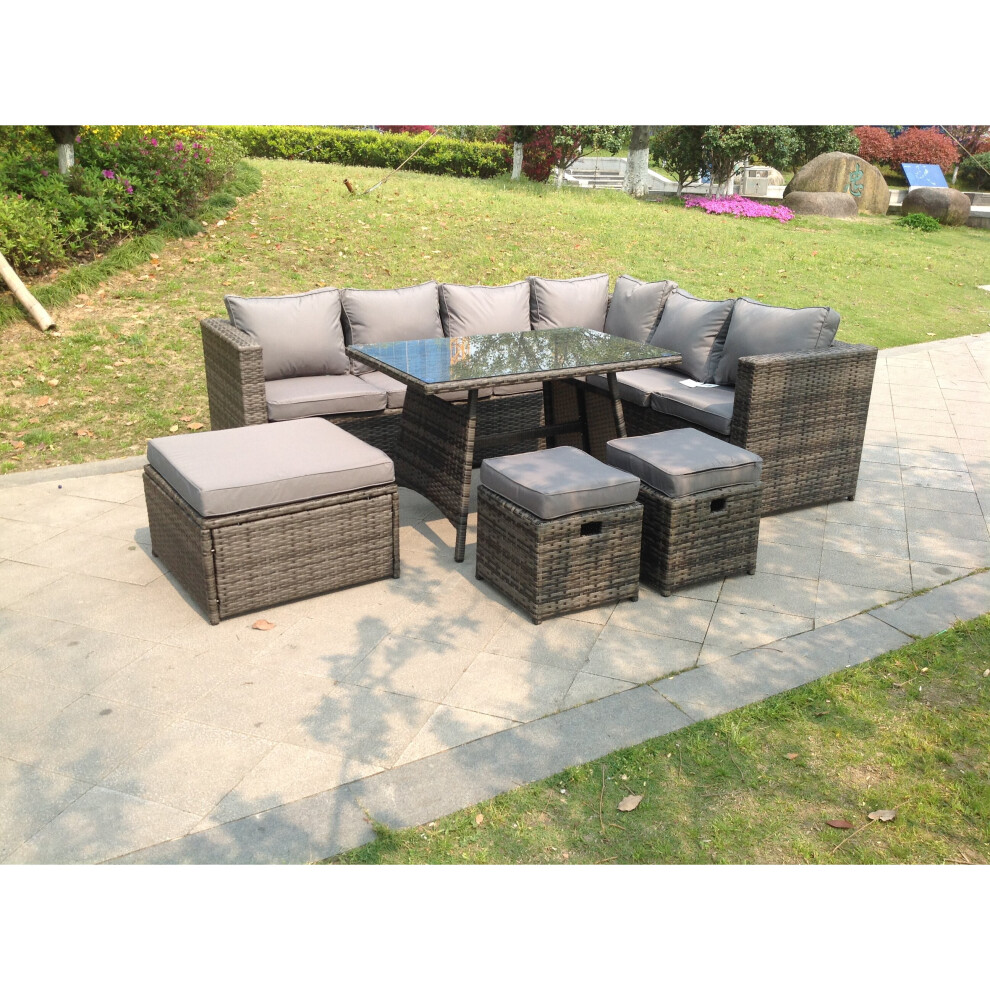 Fimous 9 Seater Grey Rattan Corner Sofa  Dining Table Garden Furniture