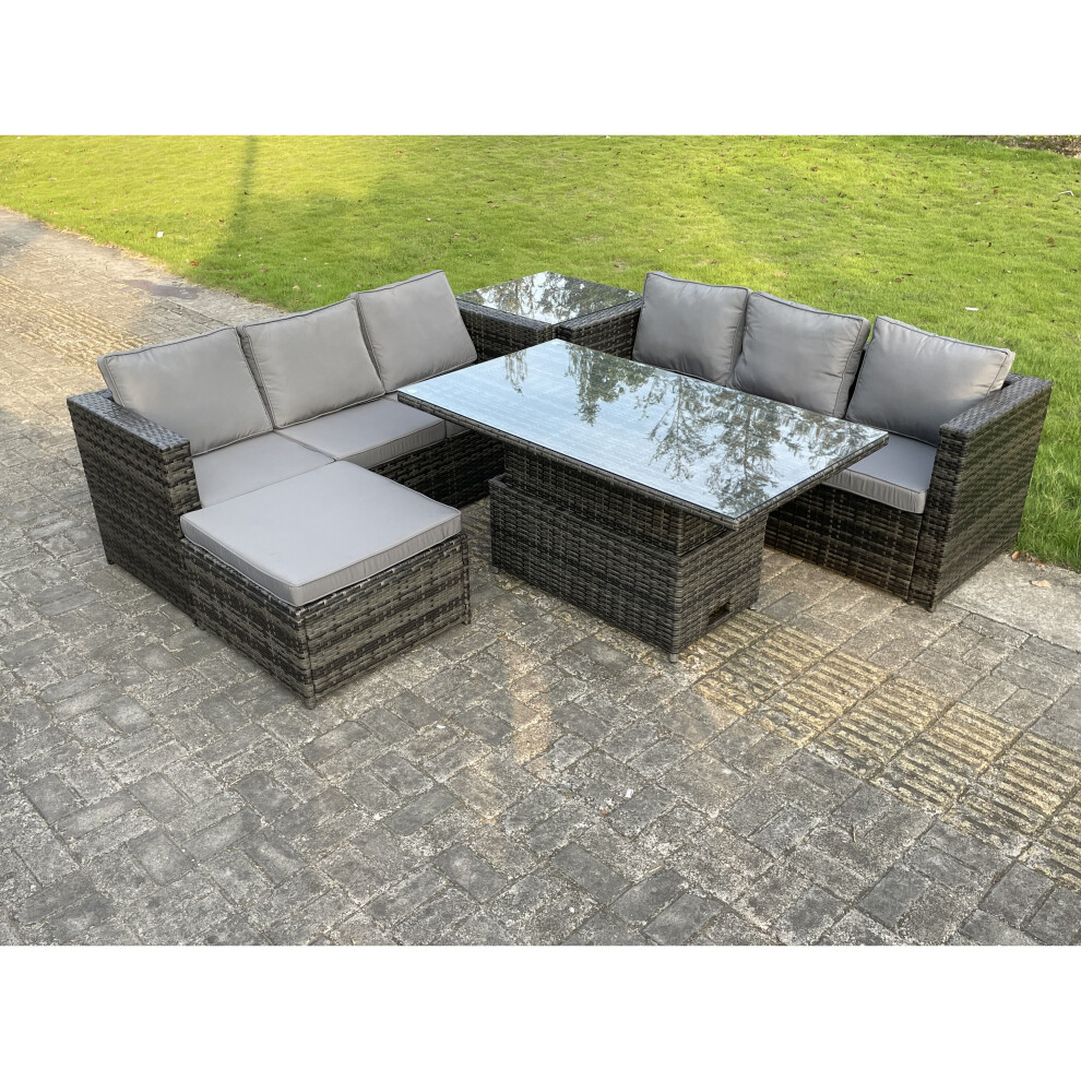 Fimous 7 Seater Outdoor Rattan Sofa Adjustable Rising Dining Table