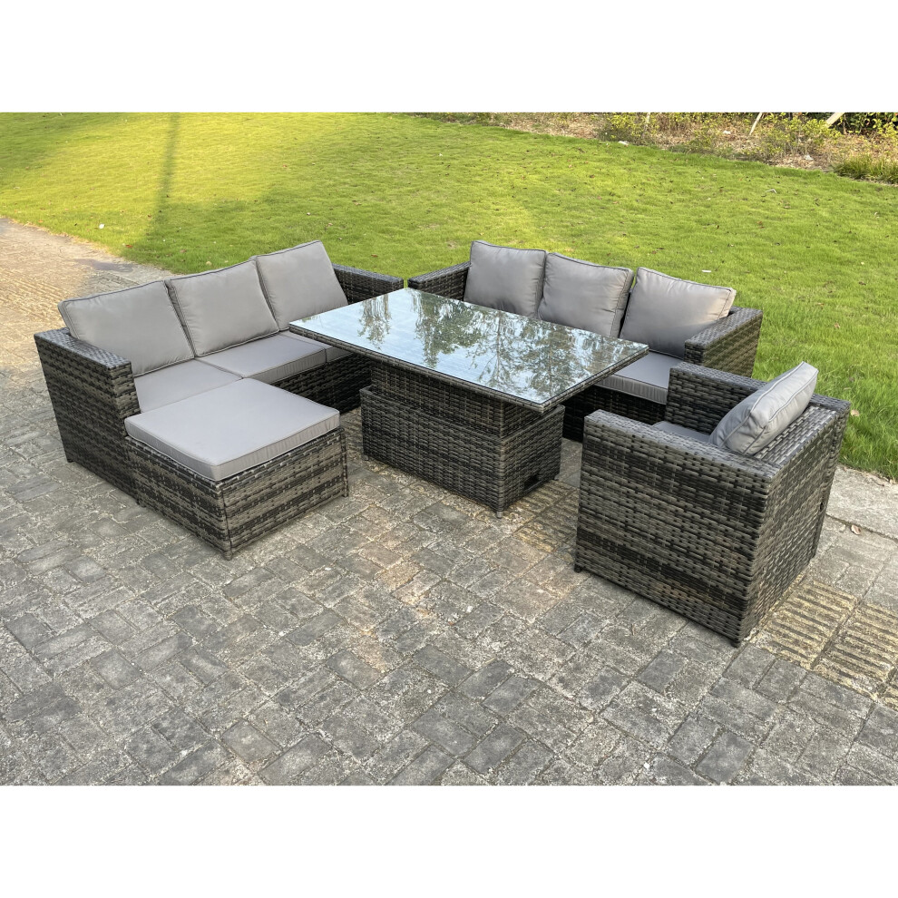 Fimous 8 Seater Outdoor Rattan Sofa Adjustable Rising Dining Table