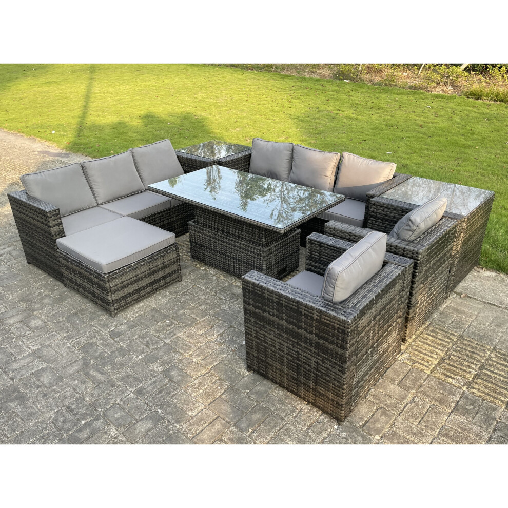 Fimous 9 Seater? Rattan Garden Furniture Adjustable Rising Lifting Table Grey