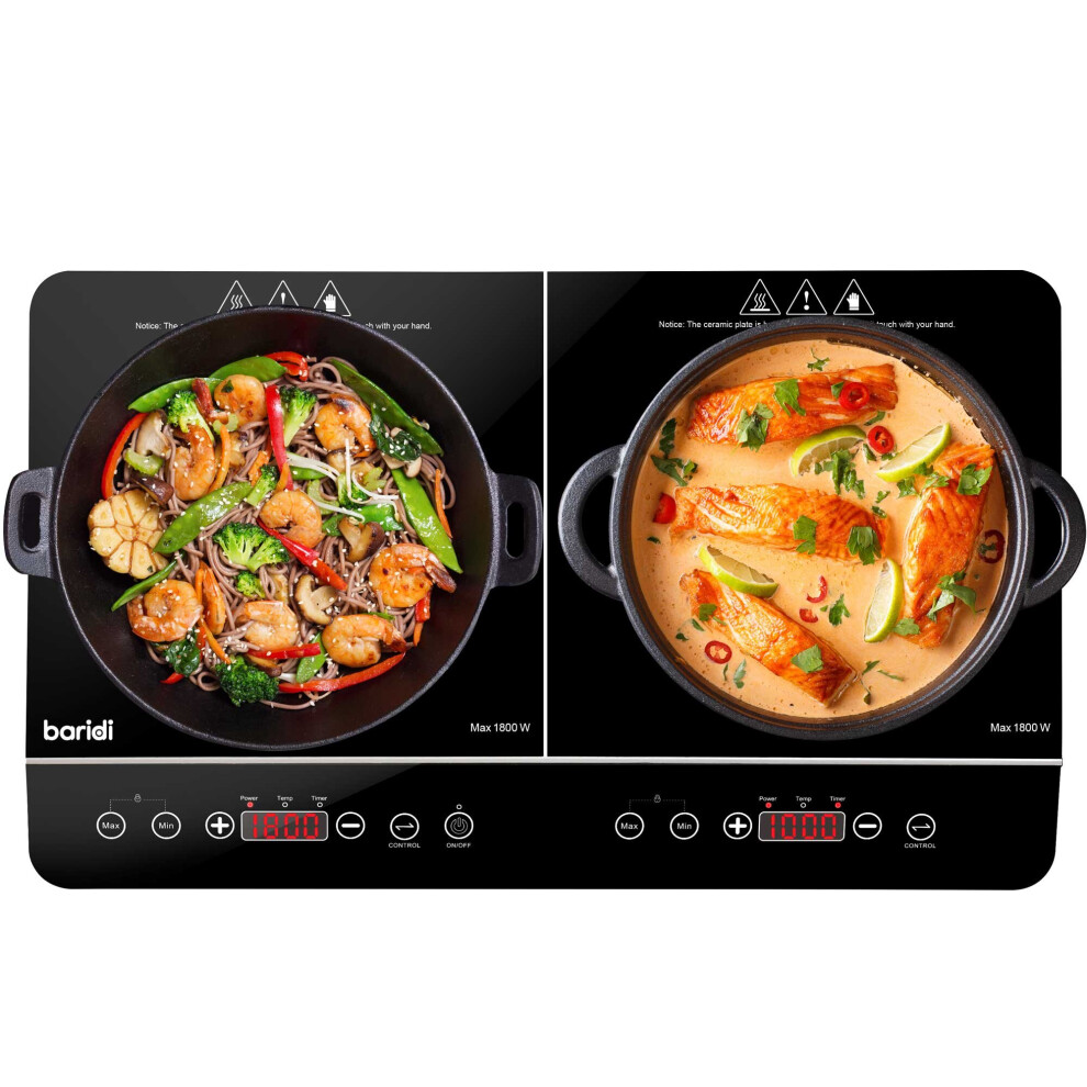 Baridi Portable Induction Hob: Two Zone, 2800W, 10 Power Settings, Timer Function, Black - DH146