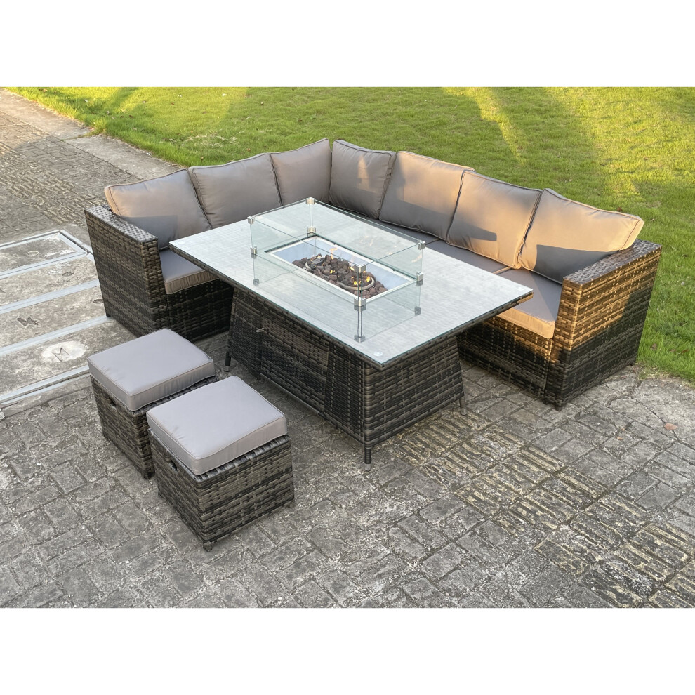 Fimous 8 Seater PE Rattan Corner Sofa Set Gas Fire Pit Dining Table