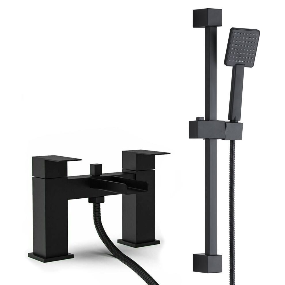 Matt Black Waterfall Bath Shower Mixer & Square Shower Slide Rail Kit 5060966975526
