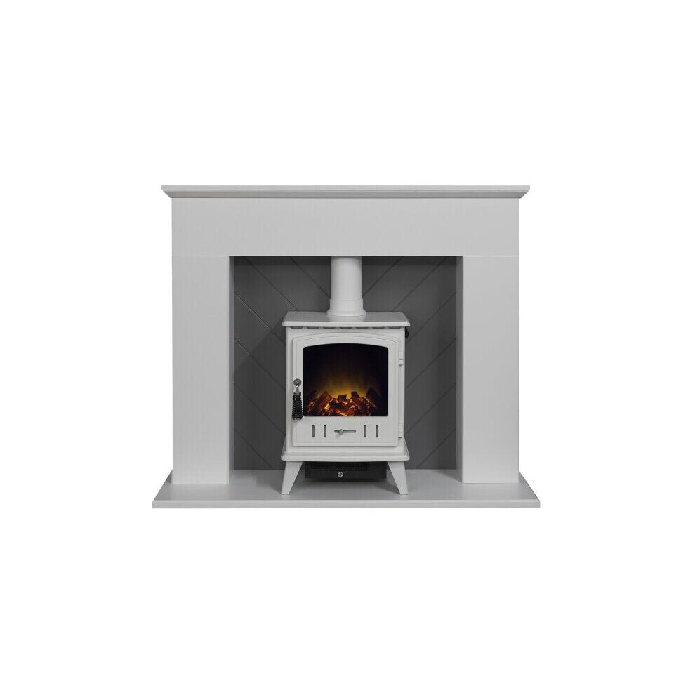 Adam Corinth Stove Fireplace in Pure White & Grey with Downlights & Aviemore Electric Stove in White, 48 Inch
