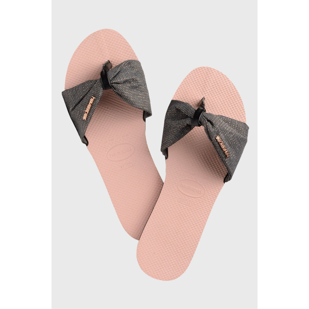 (35/36 - UK 3-4) HAVAIANAS you St Tropez metallic grey bow pink flip flops