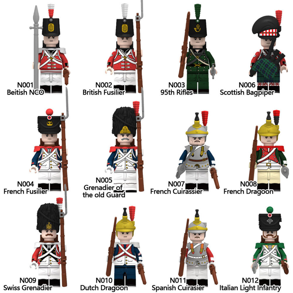 12 x Napoleonic Wars Building Block Figures Swiss Dutch Italian Cavalry Light Infantry Toys