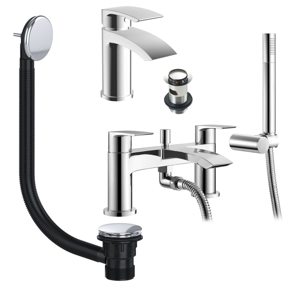 Chrome Sleek Basin & Bath Shower Mixer Tap Pack Including Bath Waste 5060966975625