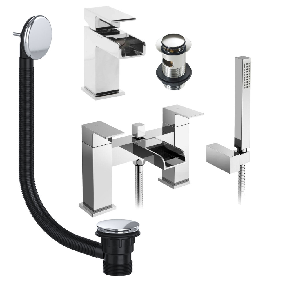 Chrome Waterfall Basin & Bath Shower Mixer Tap Pack Including Bath Waste 5060966975670