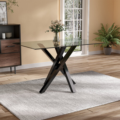 Living And Home (Black) Modern Rectangle Tempered Glass Top Dining Table with Metal Legs 2