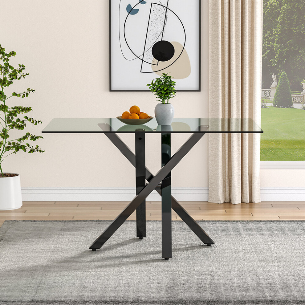 (Black) Modern Rectangle Tempered Glass Top Dining Table with Metal Legs