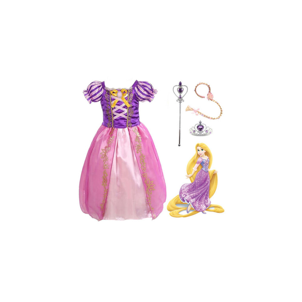 (4-5, Rapunzel Dress Set) Girls Tangled Rapunzel Fancy Dress Up Costume Princess Birthday Party Clothing