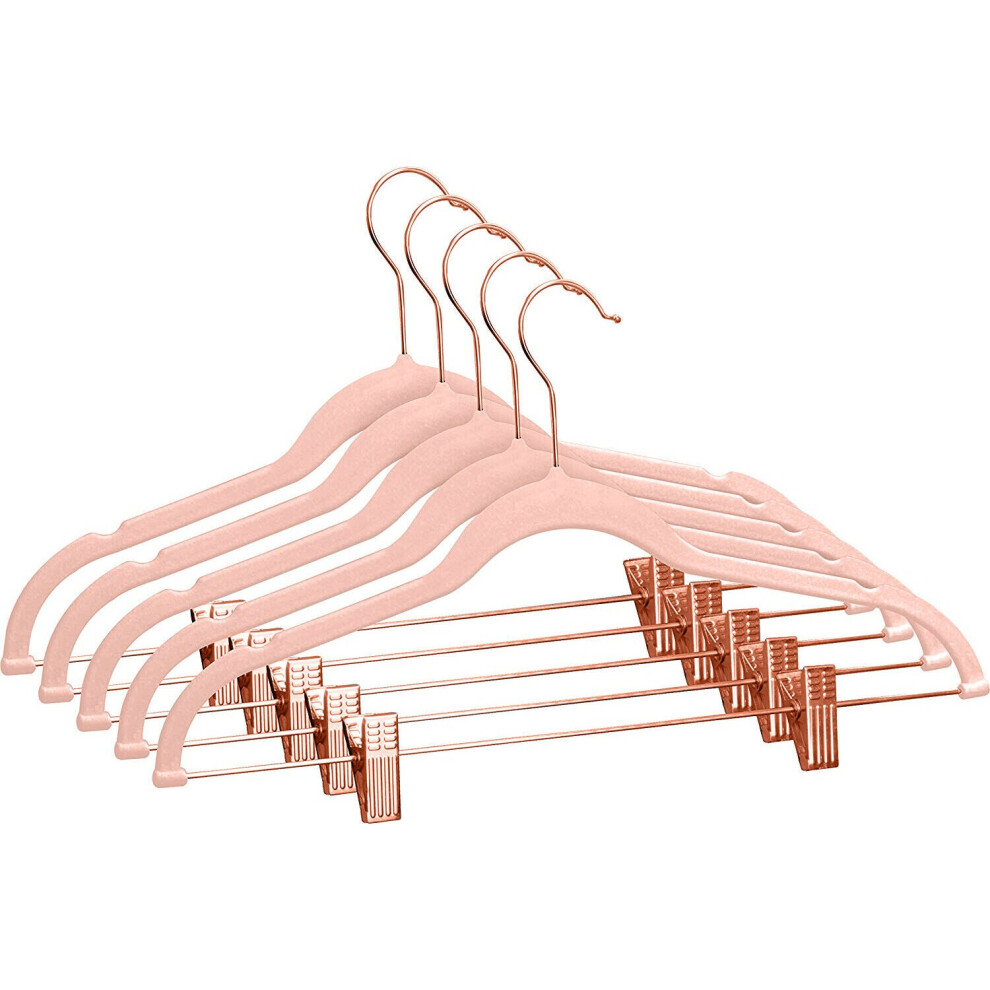 (Pink+Rose Gold) 12Pc Velvet Hangers with Clips for Clothes Coat Pant Skirt Trouser Non-Slip Rack