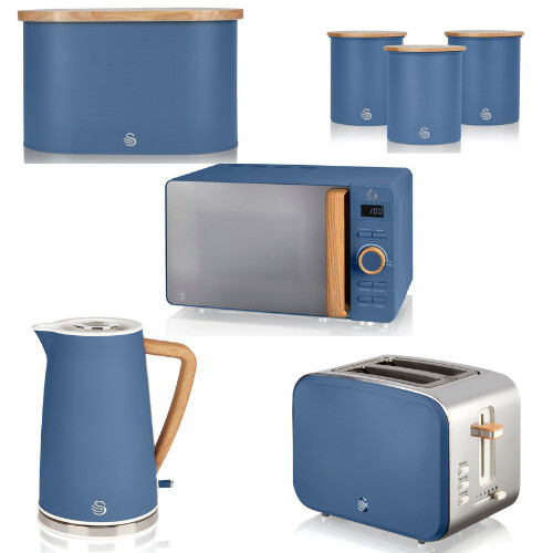 Swan Nordic Blue Kettle 2 Slice Toaster Microwave Breadbin & Canisters