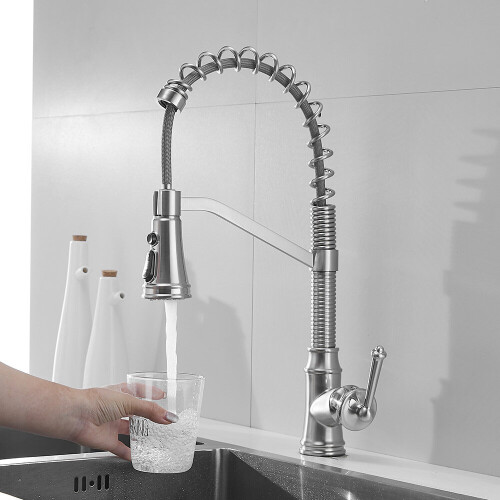 (Style-Silver) Kitchen Tap, Spring Kitchen Sink Mixer Tap Single Handle Lever with Pull Down Sprayer, High Arc Swivel 360° 2 Spray Mode