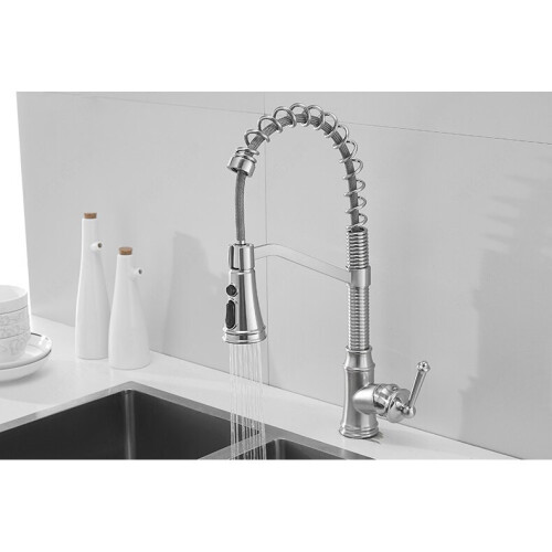 (Style-Silver) Kitchen Tap, Spring Kitchen Sink Mixer Tap Single Handle Lever with Pull Down Sprayer, High Arc Swivel 360° 2 Spray Mode 1