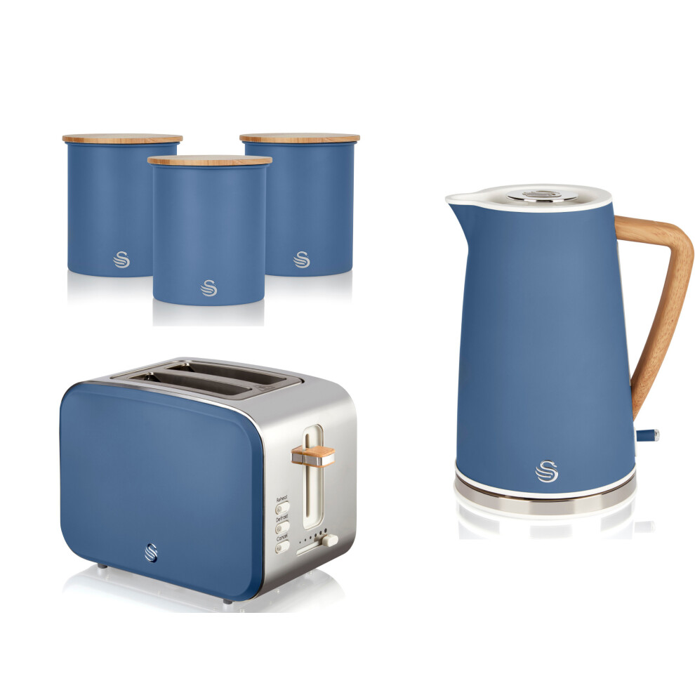 Swan Nordic Blue Kettle 2 Slice Toaster & 3 Canisters Matching Set