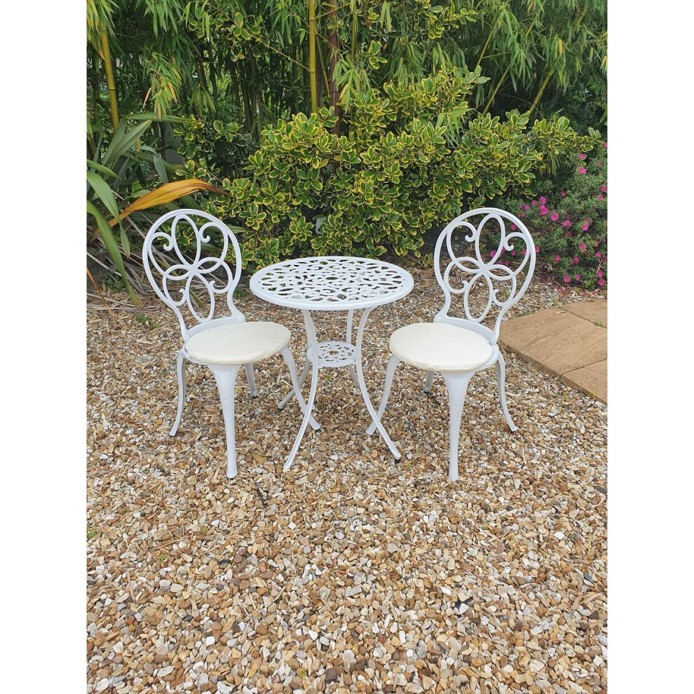 SH&G Rayleigh 2 Seat Bistro Set | 3 Piece Round Table & Chairs |White Aluminium with Cream Cushions | Indoor & Outdoor | Signature Homes and Gardens