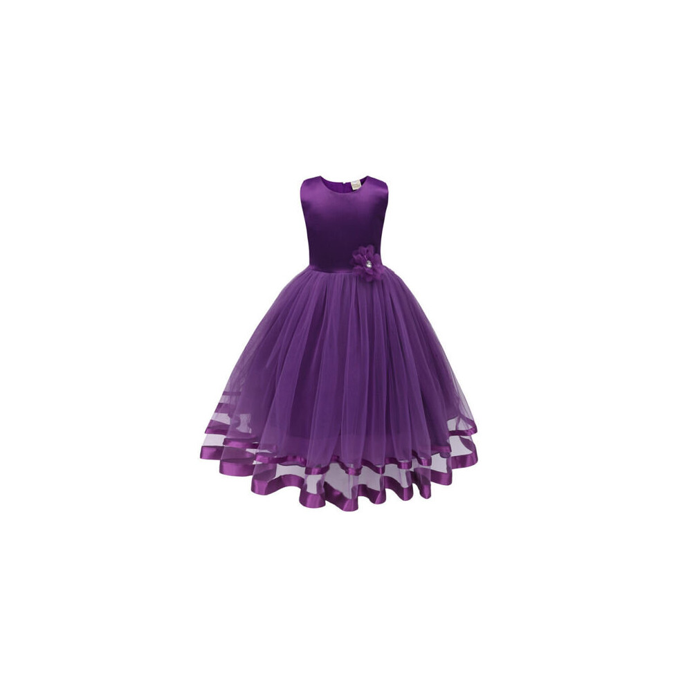 (Purple, 130cm-6 Years) Flower Girls Ball Kids Gown Dress Wedding Princess Bridesmaid Party Prom birthda