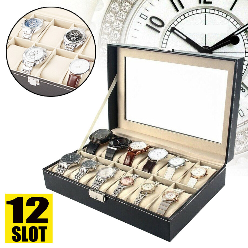 12 Grids Watch Box Faux Leather Glass Box Case Jewelry Storage Display