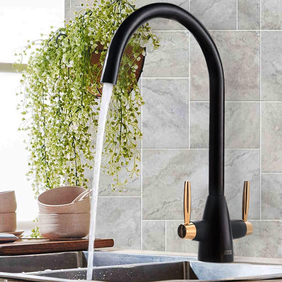 Black and Rose Gold Twin Lever Mono Kitchen Mixer Tap