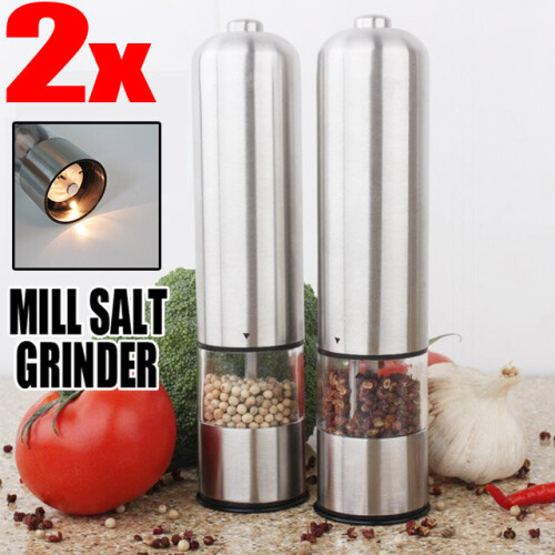 2X Electric Salt and Pepper Mill Grinder Set Battery Stainless Steel on