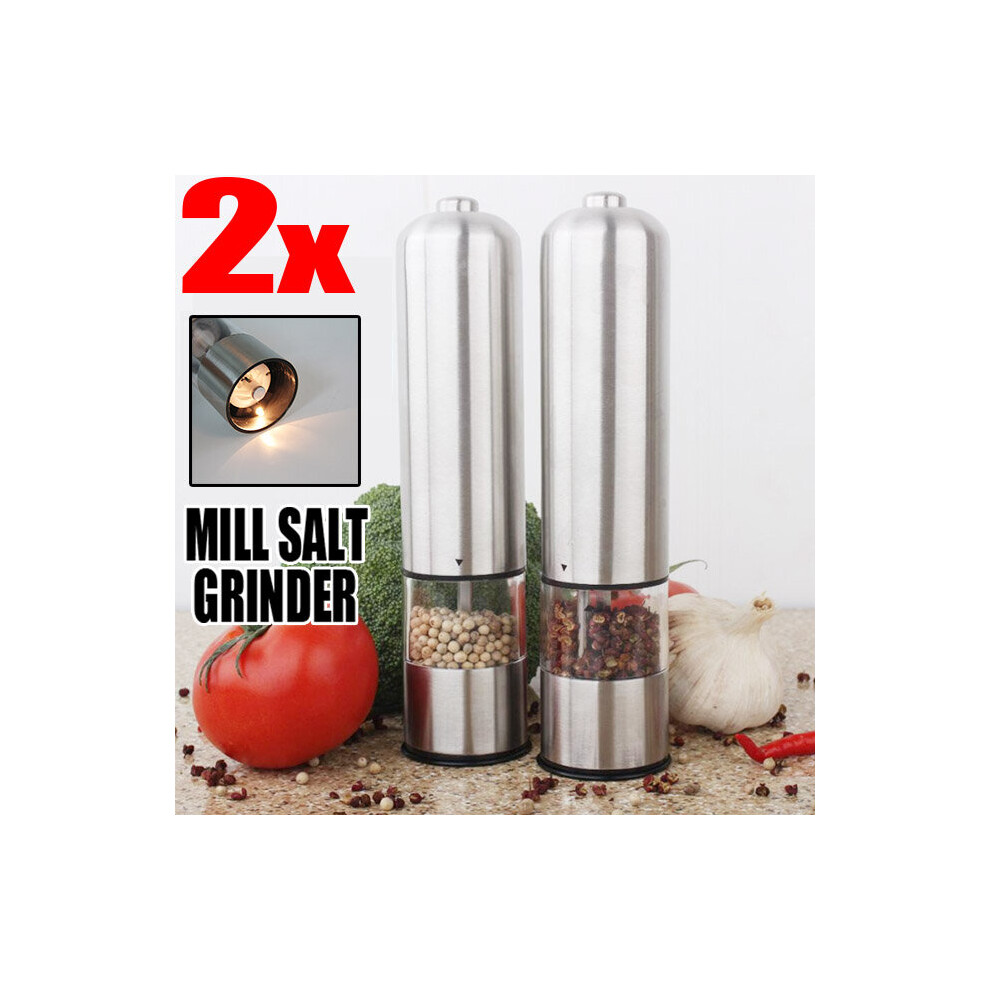 2X  Electric Salt and Pepper Mill Grinder Set Battery Stainless Steel