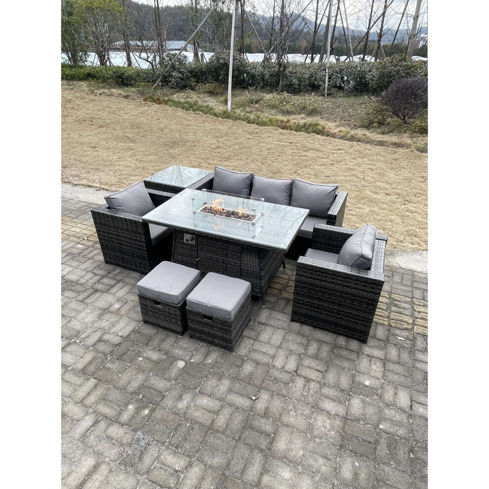 Fimous Pe Rattan Garden Furniture Gas Fire Pit Dining Table 2 Stools Grey