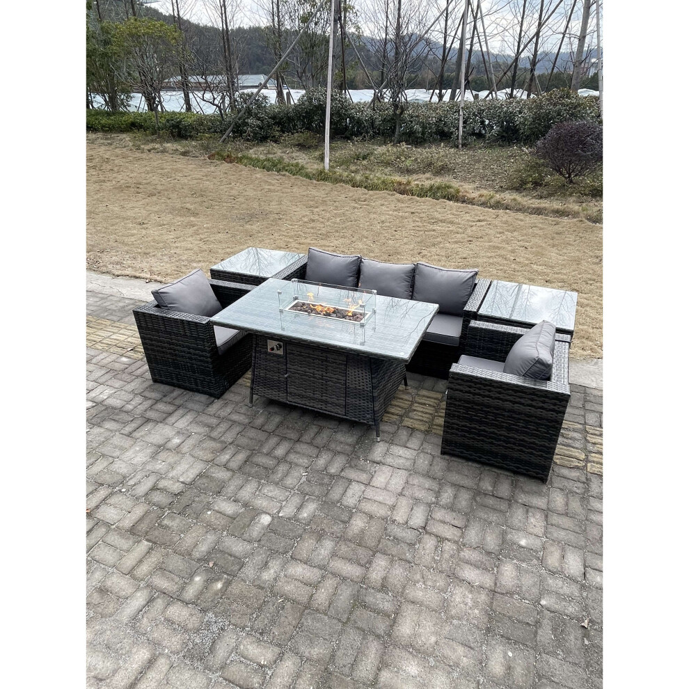 Fimous Outdoor Patio Rattan Sofa Garden Furniture Gas Firepit Table Grey