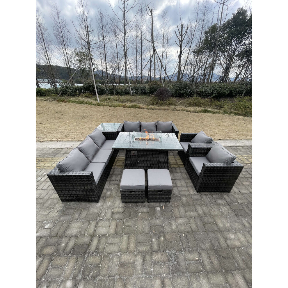 Fimous Outdoor Rattan Sofa Set Garden Furniture Gas Firepit Table Set Grey