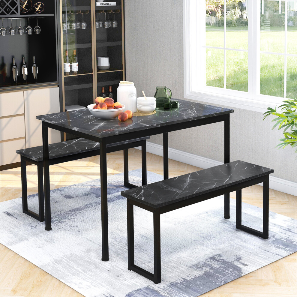 (Black) 3-Piece Dining Table and Bench Set 4-Person Dinette