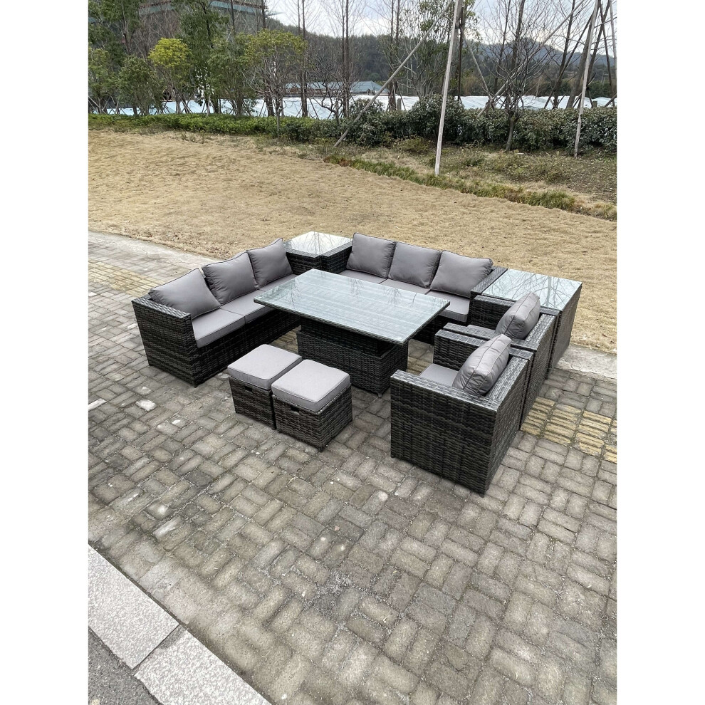 Fimous 9 Seater Outdoor Rattan Garden Furniture Rising Dining Table Grey