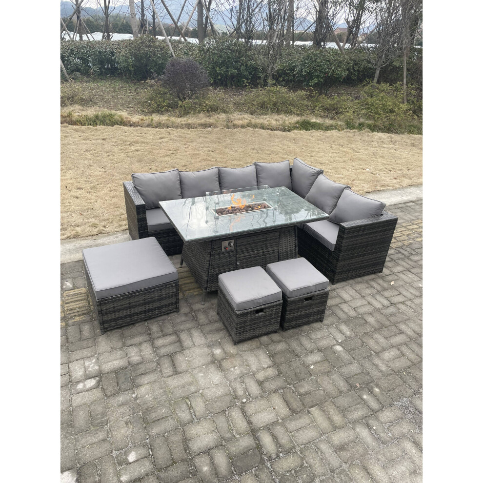 Fimous Rattan Corner Sofa Gas Firepit Dining Table Patio Heater Burner Grey