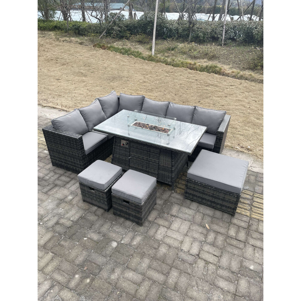 Fimous 9 Seater Patio Rattan Corner Sofa Set Gas Firepit Dining Table Grey