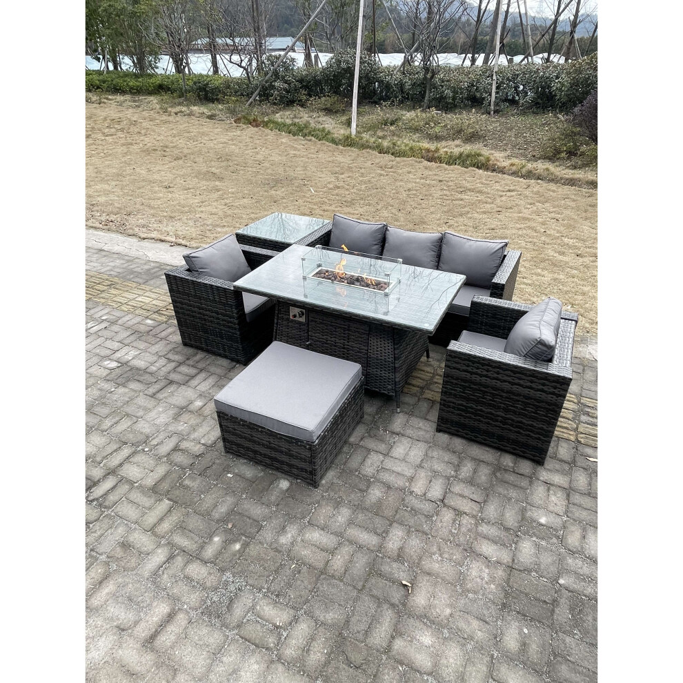 Fimous Pe Rattan Garden Furniture Gas Fire Pit Dining Table Armchairs Grey