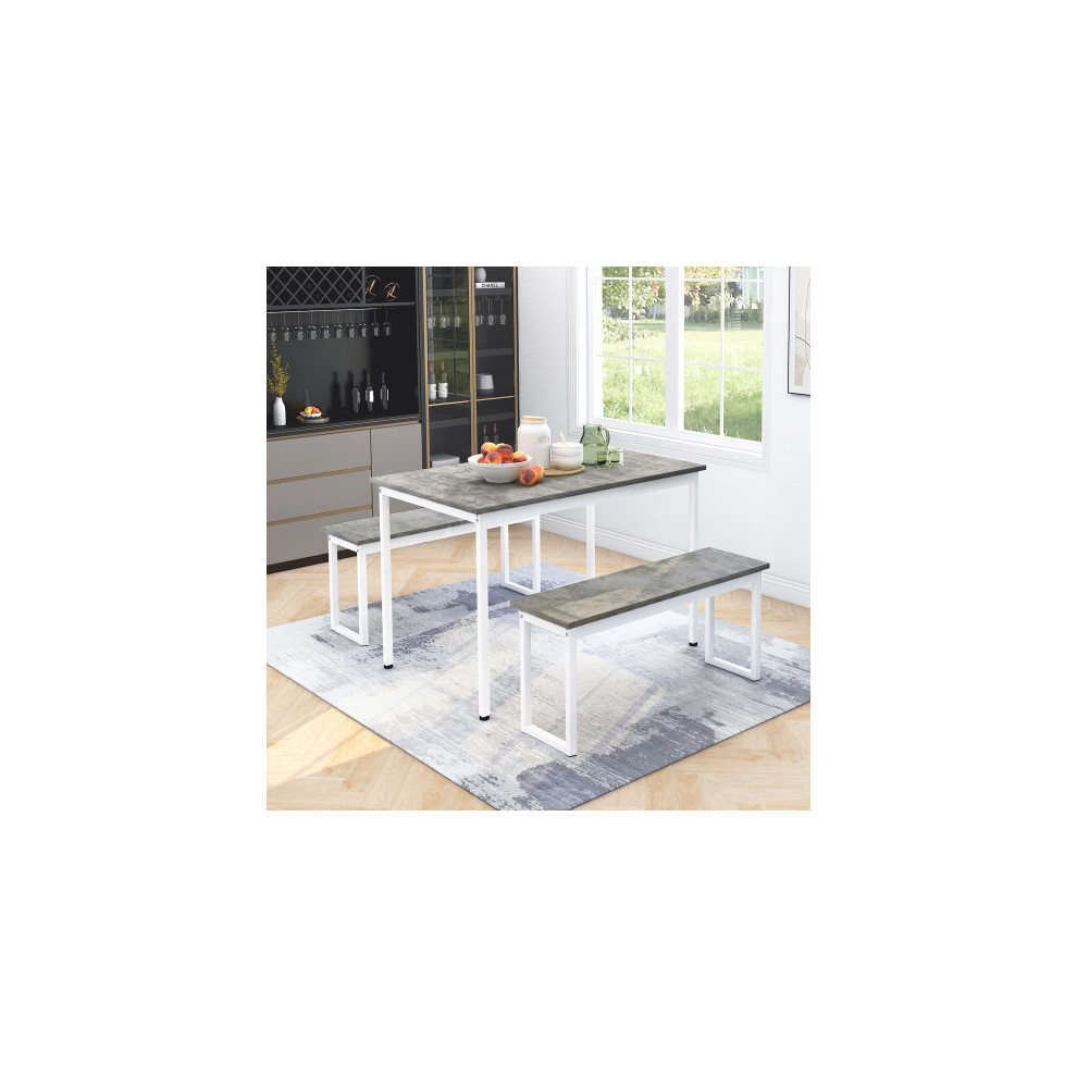 (Grey) 3-Piece Dining Table and Bench Set 4-Person Dinette