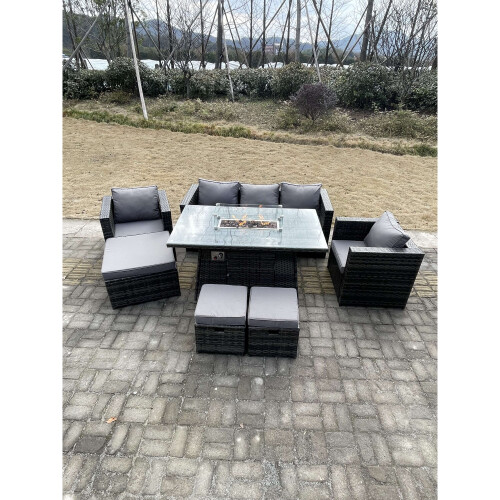 Fimous Outdoor Rattan Garden Furniture Gas Fire Pit Dining Table on OnBuy