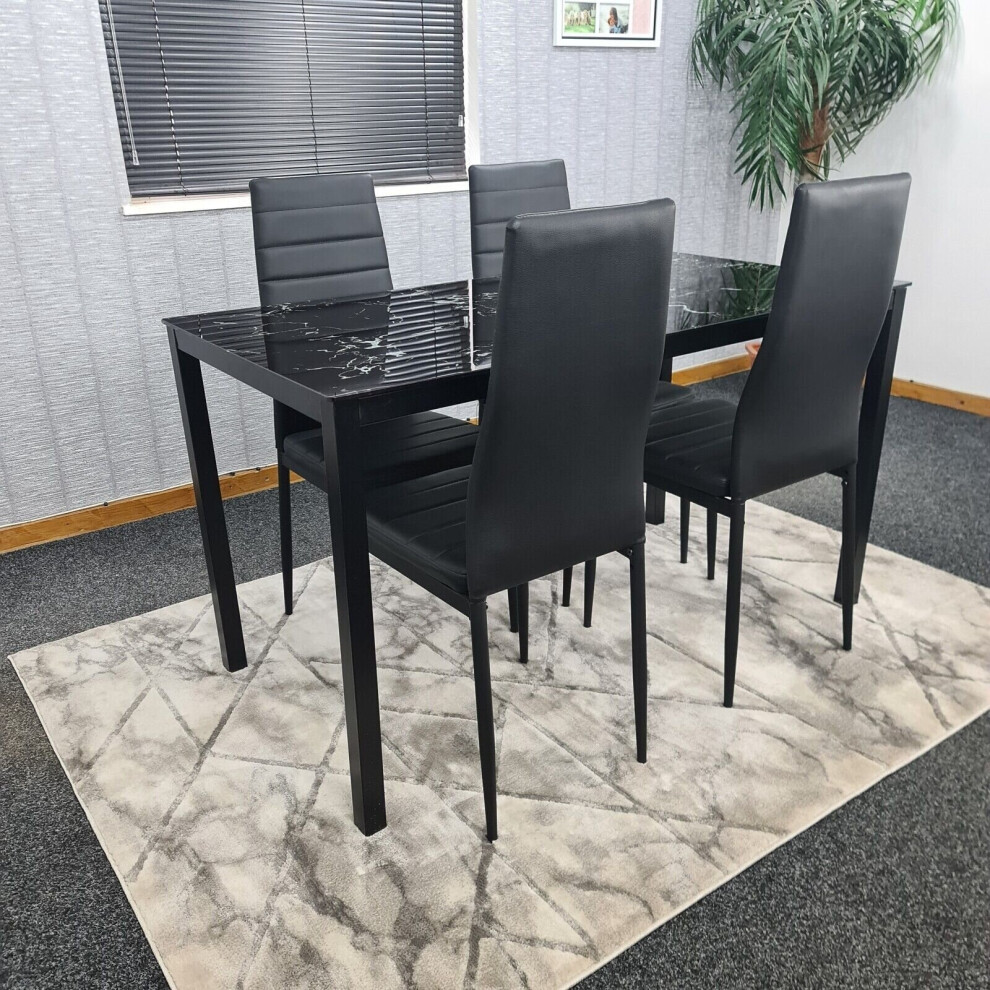 Black Marble Effect Dining Table and 4 Black Faux Leather Metal Chairs