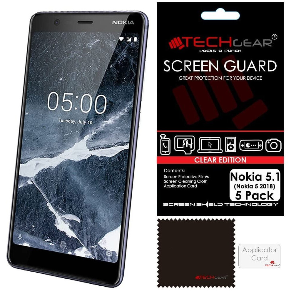 [5 Pack] TECHGEAR Screen Protectors for Nokia 5.1 - Clear Lcd Screen Protectors Cover Guards Compatible with Nokia 5.1