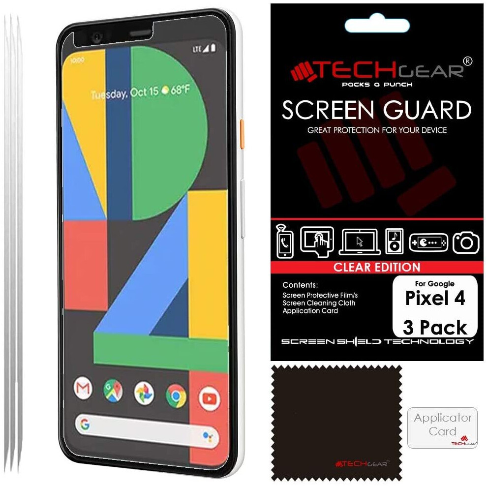 [3 Pack] TECHGEAR Pixel 4 Screen Protectors , CLEAR LCD Screen Protectors Cover Guards Compatible with Google Pixel 4