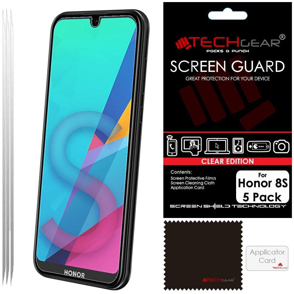 [5 Pack] TECHGEAR Screen Protectors for Honor 8S, Honor 8S 2020, CLEAR LCD Film Screen Protectors Cover Guards Compatible with Honor 8S