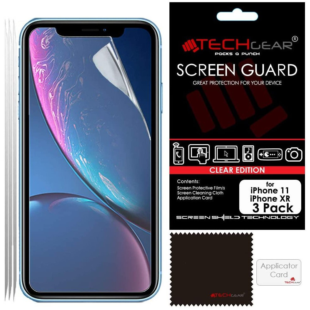 [3 Pack] TECHGEAR Screen Protectors for iPhone 11, iPhone XR 6.1" - Clear Lcd Screen Protector with Cleaning Cloth & Application Card