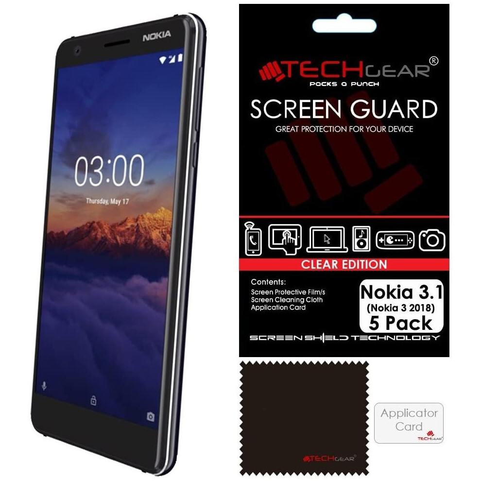 [5 Pack] TECHGEAR Screen Protectors for Nokia 3.1 - Clear Lcd Screen Protectors Cover Guards Compatible with Nokia 3.1