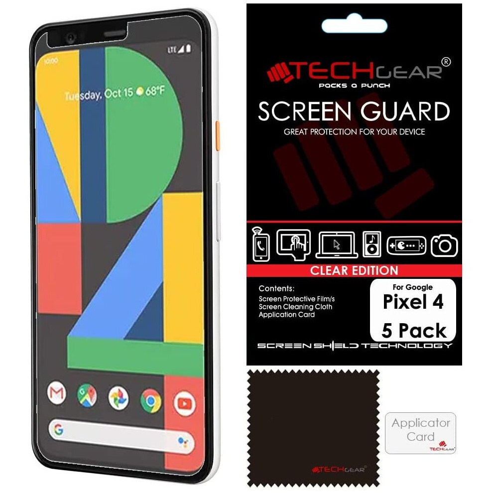 [5 Pack] TECHGEAR Pixel 4 Screen Protectors , CLEAR LCD Screen Protectors Cover Guards Compatible with Google Pixel 4